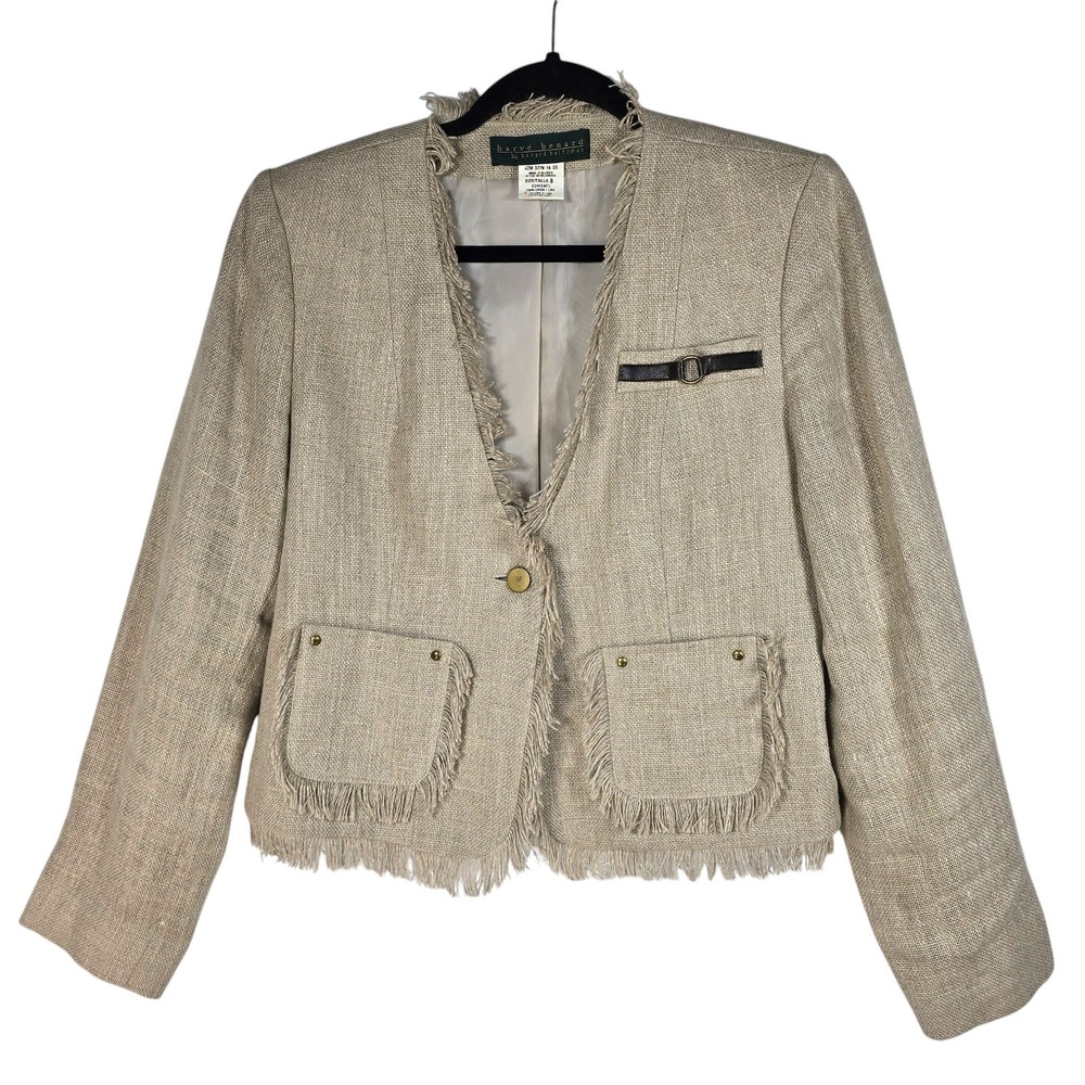 Harve Benard by Benard Holtzman Blazer Woman Size 8 Beige 100% Linen Fringe Trim